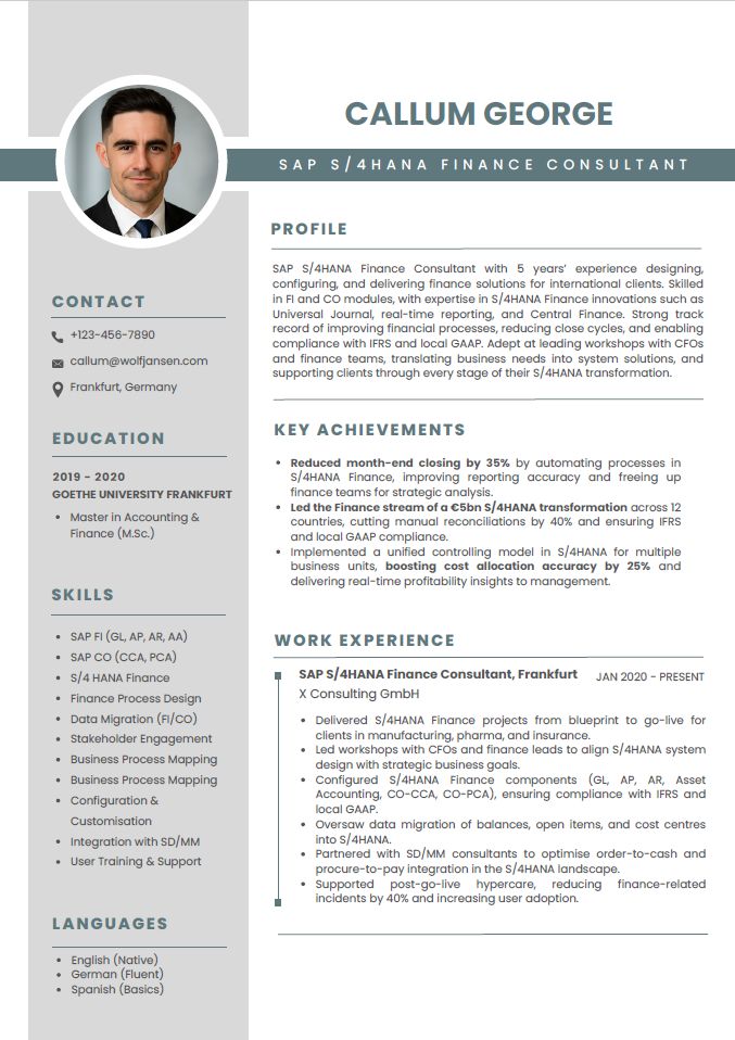 Example one-page SAP consultant CV with profile, key achievements, skills and experience sections